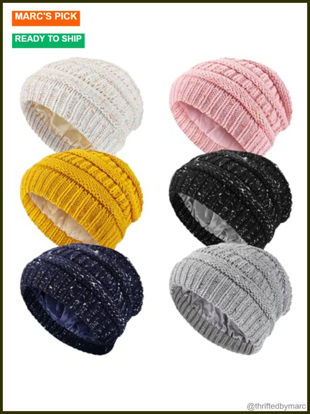 Winter Knitted Satin Lined Cable Chunky Beanie Hats Slouchy Warm Caps